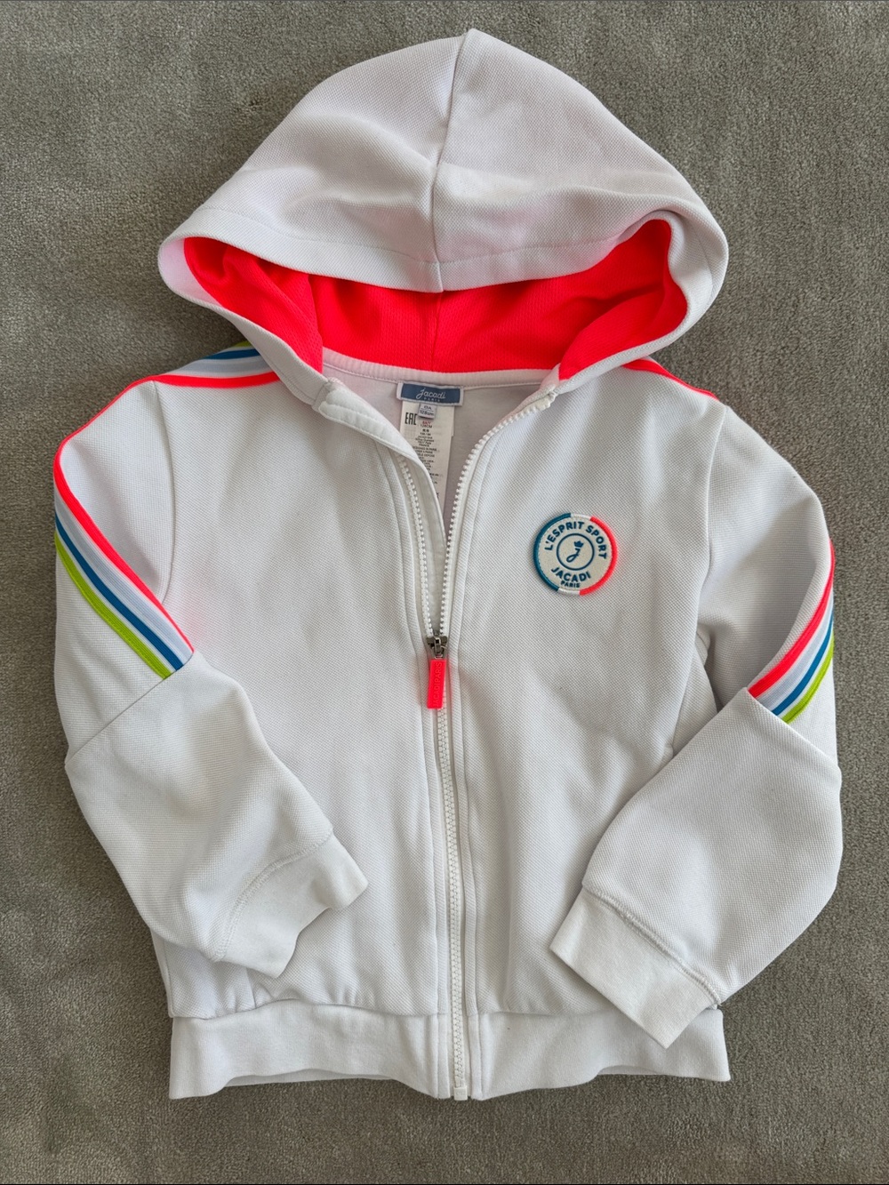 Jacadi Boys White Hoodie with Rainbow Sleeve Stripes, size 8